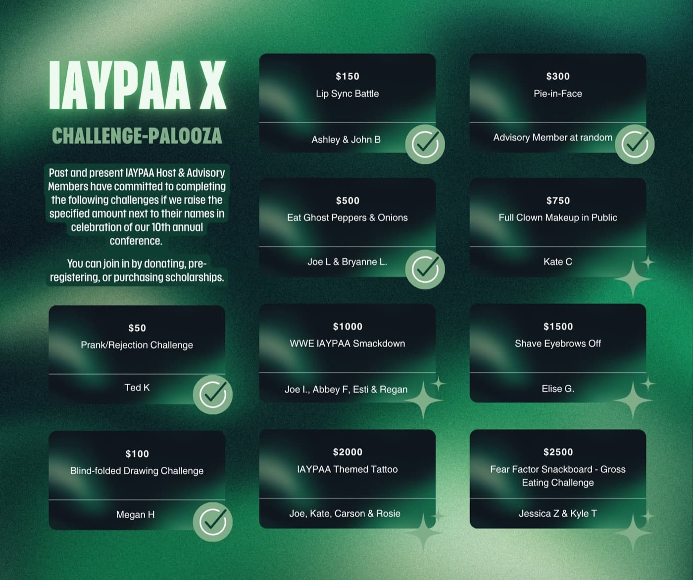 IAYPAA X Ooza-Palooza challenge flyer listing all ten challenges: $50 Prank/Rejection Challenge, $100 Blind-Folded Drawing, $150 Lip Sync Battle, $300 Pie-in-Face, $500 Ghost Peppers & Onions, $750 Full Clown Makeup in Public, $1000 WWE IAYPAA Smackdown, $1500 Shave Eyebrows Off, $2000 IAYPAA-Themed Tattoo, and $2500 Fear Factor Snackboard.
