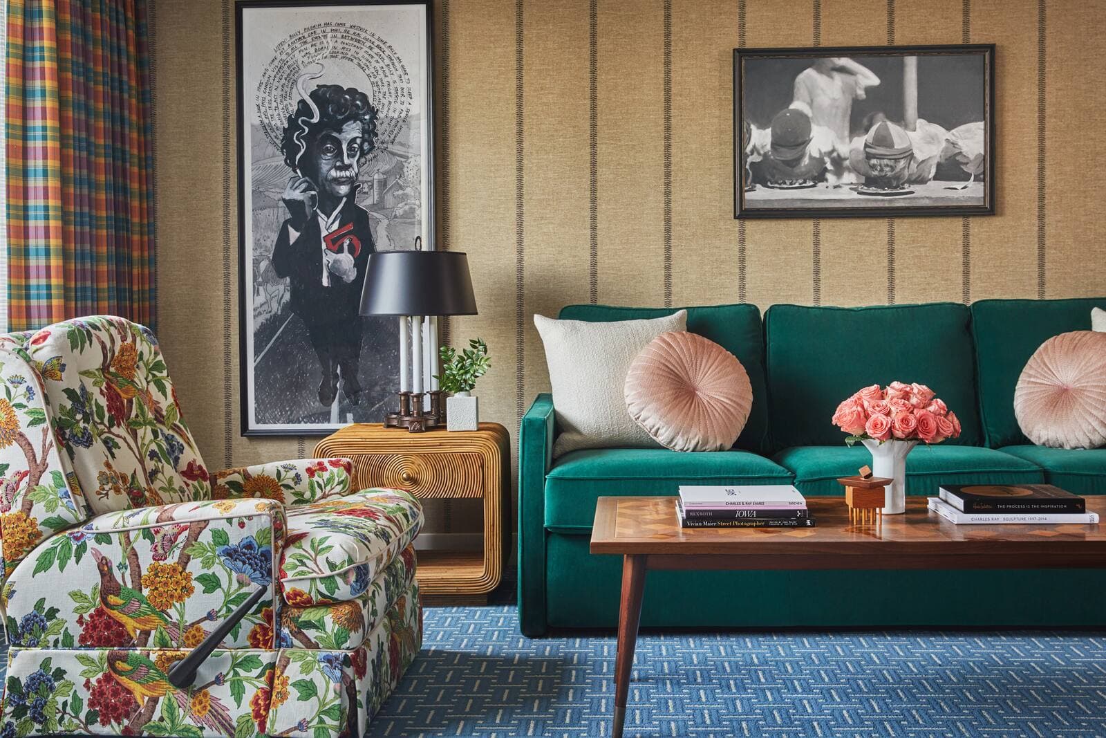 A guest suite living area with vintage-Iowa furnishings