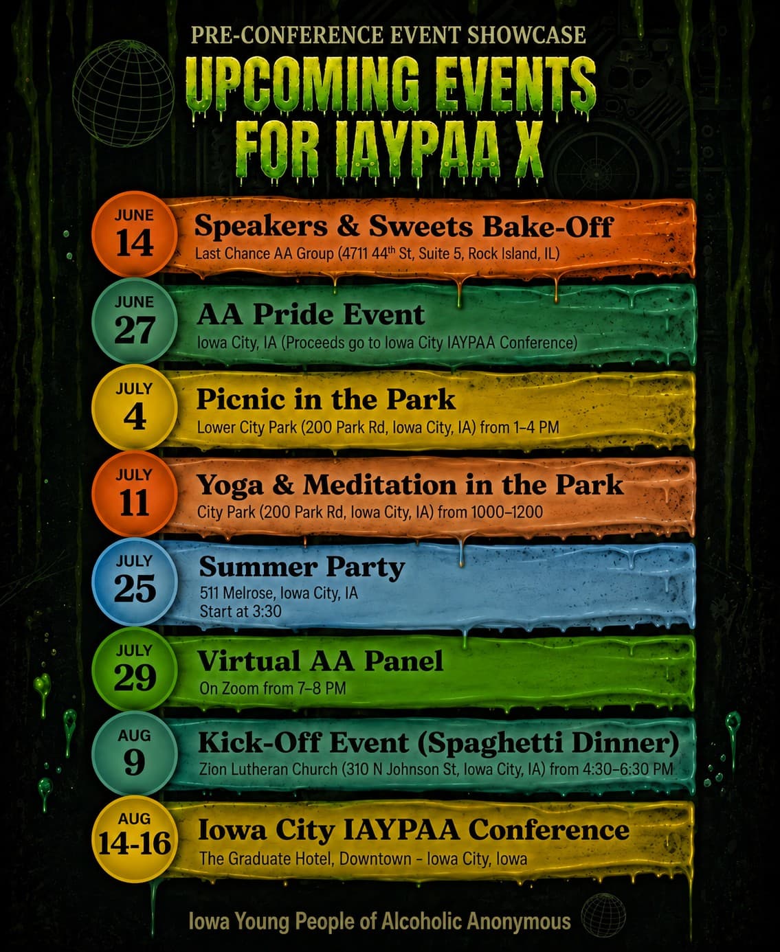 Pre-Conference Event Showcase poster for Summer 2026 lead-up events for IAYPAA X, listing the Speakers & Sweets Bake-Off, AA Pride Event, Picnic in the Park, Yoga & Meditation in the Park, the July 25 Summer Party, the July 29 Virtual AA Panel, the August 9 Kick-Off Spaghetti Dinner, and the August 14–16 Iowa City IAYPAA Conference.