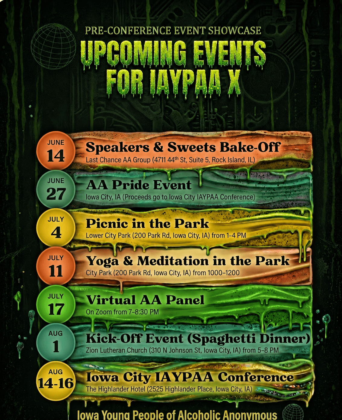 Pre-Conference Event Showcase poster — Summer 2026 lead-up events for IAYPAA X, listing the Speakers & Sweets Bake-Off, AA Pride Event, Picnic in the Park, Yoga & Meditation in the Park, Virtual AA Panel, Kick-Off Spaghetti Dinner, and the August 14–16 Iowa City IAYPAA Conference.